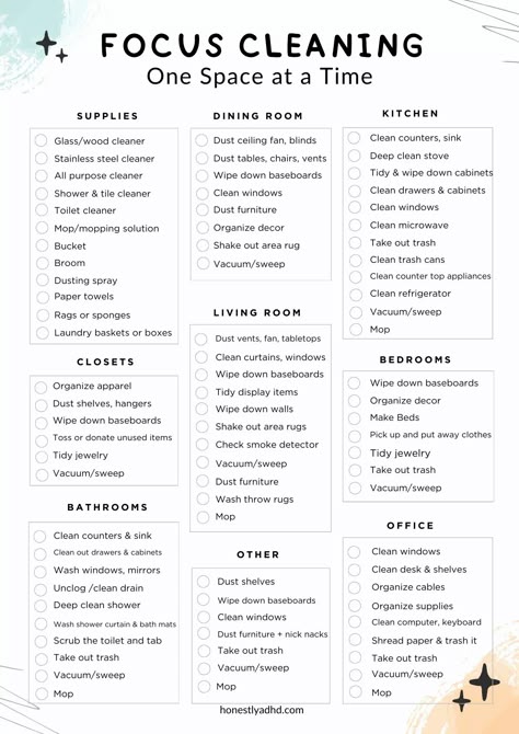 How To Keep A Clean Home Checklist, Cleaning House Checklist One Day, Weekly Apartment Cleaning Checklist, One Day Cleaning Checklist, Cleaning And Decluttering Tips, Tidying Room Checklist, Closing Duties List Home, Bedroom Chore Checklist, Fast Cleaning Checklist