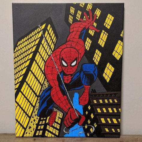 Spiderman Couple Painting, Spider Man Acrylic Painting, Marvel Art Painting, Spiderman Acrylic Painting, Painting Ideas On Canvas Spiderman, Spider Man Paintings, Painting Ideas Spiderman, Spiderman Painting On Canvas, Spiderman Painting Easy