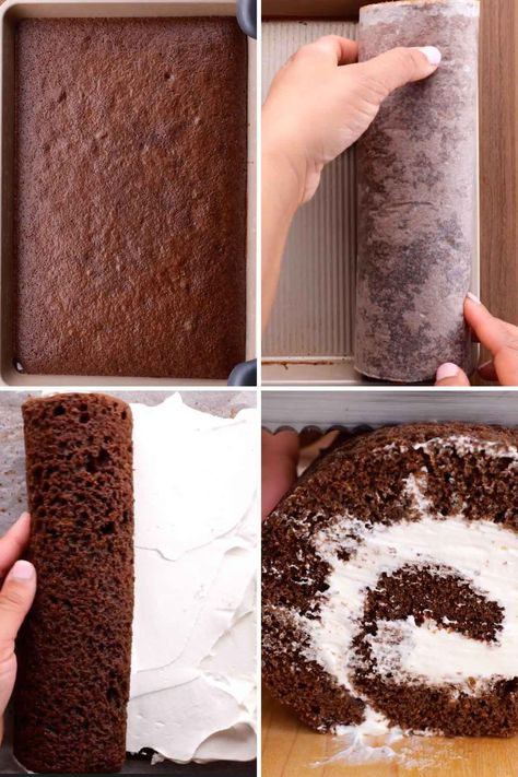 Chocolate Cake Roll (Swiss Roll) is a sweet and moist layer of chocolate cake rolled around homemade whipped cream, ready in under an hour! Swiss Cake Roll Cake, Hoho Roll Cake, Easy Chocolate Roll Cake, Hoho Cake Recipe Swiss Rolls, Hoho Cake Roll, Swiss Roll With Box Cake, Cake Roll Using Box Cake, Box Cake Roll Recipes, Roll Cake Chocolate