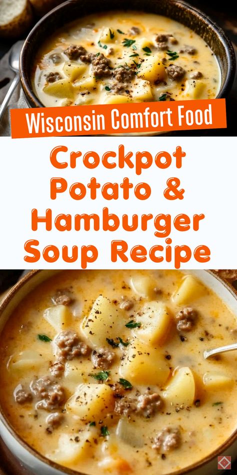 Cozy up with a bowl of creamy potato and hamburger soup! This crockpot recipe is a Wisconsin favorite, combining hearty flavors with simple, slow-cooked comfort. Save this pin for an easy soup idea that’s perfect for cold-weather meals! Crockpot Creamy Potatoes Hamburger Soup, Beef Potato Soup Crockpot, Crockpot Thick Soup Recipes, Crockpot Hamburger And Potato Soup, Crockpot Cheeseburger Potato Soup, Slow Cooker Recipes Hamburger Meat, Potato And Hamburger Soup Crock Pot, Crockpot Recipes Using Hamburger, Cheesy Hamburger Potato Soup Recipe