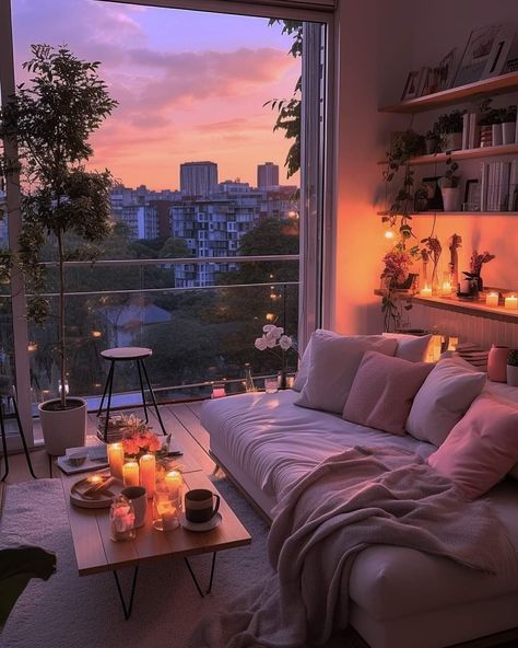 Cozy Waiting Room Shifting, Dream Home Aesthetic Cozy, Condo Aesthetic Night Living Room, Pretty Home Aesthetic, Cozy Apartment Layout, Apartment With Nice View, Inside House Aesthetic, Natural Light Apartment Aesthetic, Relaxing Apartment Decor