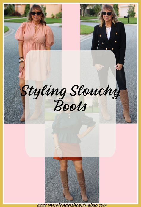 Styling Slouchy Boots - This Blonde's Shopping Bag Tall Slouchy Boots Outfit, How To Style Slouchy Boots, Tan Slouchy Boots Outfit, Slouchy Boots Outfit 2023, Black Slouchy Boots Outfit, Slouch Boots Outfit, Slouchy Boots Outfit, Riding Boot Outfits, Flat Riding Boots