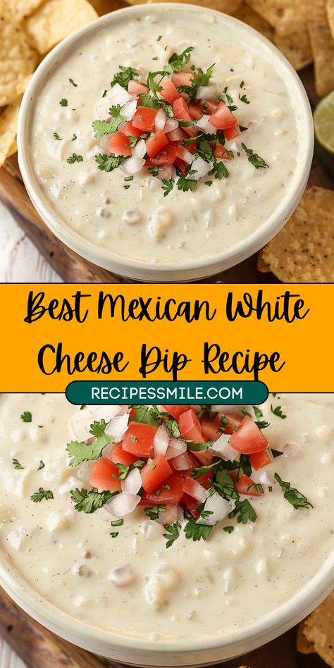 This creamy, flavorful Mexican White Cheese Dip is perfect for parties, snacks, or casual gatherings. Made with melted white American cheese, garlic, onions, and a hint of spice, it's an irresistible dip for chips, tacos, or veggies. Quick and easy to make, this dip is a crowd-pleaser, customizable with optional spice and garnish. Try this simple recipe for a delicious, smooth dip everyone will love! Mexican Queso Dip Restaurants, Mexican Restaurant Queso Dip, Mayo Based Dips, Quasidia Recipes, Mexican Queso Dip White, Caso Dip Recipe, White Queso Dip Crockpot, Mexican White Cheese Sauce, White Mexican Cheese Dip