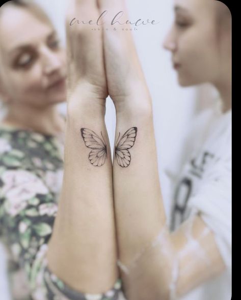 Butterfly Tattoo Sisters Tat, Ankle Friendship Tattoos, Bestie Star Tattoos, Mother Daughter Tattoos Butterflies, Half Butterfly Best Friend Tattoo, Connecting Butterfly Tattoo, Butterfly Sibling Tattoo, Butterfly Tattoo Mother Daughter, Butterfly Friend Tattoo