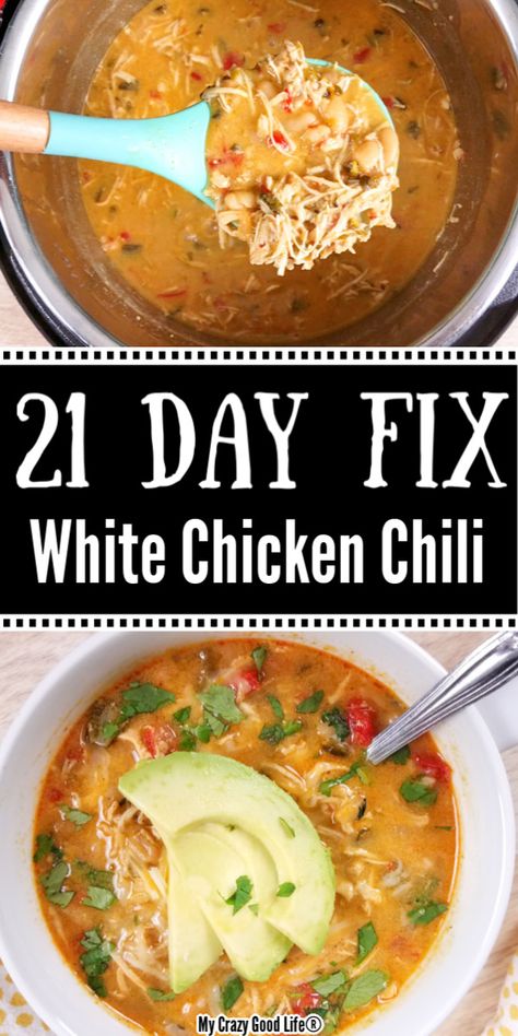 This Healthy White Chicken Chili is a bowl of comfort! It's a delicious and easy dinner that your whole family will love! You can quickly make it in your Instant Pot, the slow cooker or on the stove top!  Easy Dinner | Instant Pot | Chili | White Chicken Chili | 21 Day Fix | Weight Watchers | Healthy Dinner 21 Day Fix Slow Cooker, 21 Day Fix Chili Crockpot, 21 Day Fix Soup Recipes Slow Cooker, Portion Fix Chicken Recipes, 21 Day Fix White Chicken Chili, 21 Day Fix Chicken Crockpot Recipes, 21 Day Fix Instant Pot, 21 Day Fix Rotisserie Chicken Recipes, 21 Day Fix Recipes Dairy Free