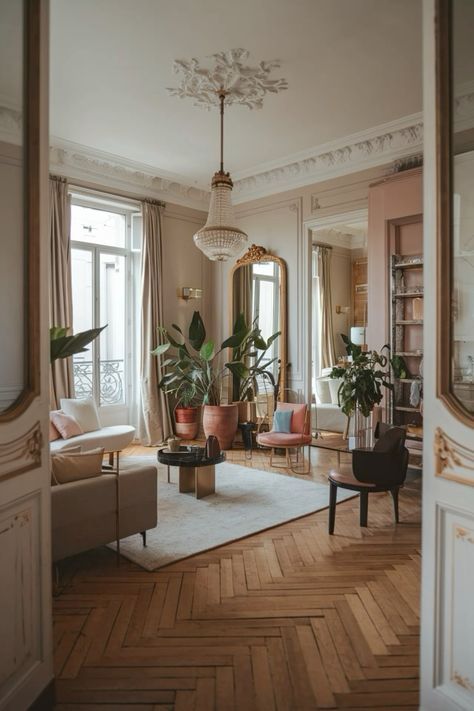 Paris Apartments Luxury, New York Townhome Interior, French Decorating Ideas Paris Apartments, French Style Small Apartment, Paris Aesthetic Interior, European Style Apartment Interior, Historic Apartment Interior Design, Apartments In Paris Aesthetic, Funky Parisian Apartment