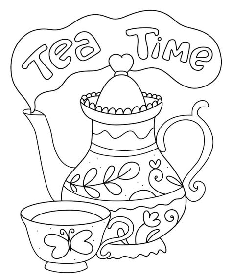 Vector tea time coloring page. doodle ke... | Premium Vector #Freepik #vector #tea-kettle #teapot #tea-mug #kettle Doodle Black And White, Tea Time Illustration, Adult Tea Party, Cupcake Coloring Pages, Coffee Cartoon, Peanut Butter Banana Smoothie, Tea Crafts, Pearl Tea, English Tea Party