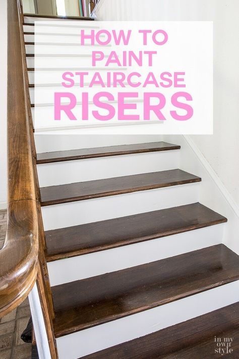 Home improvement project on a budget. How to makeover a staircase with stained steps, painted risers and balusters. Painted Stairs Makeover, Foyer Makeover, Home Remodeling On A Budget, Tuscan Kitchens, Remodeling On A Budget, Stairs Renovation, Painted Staircases, Easy Home Improvement Projects, Foyer Staircase