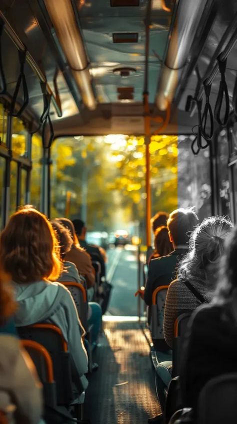 Full Color Image in ai-img-gen.com 🔸 people in a Czech tram on a sunny summer Monday morning on their way to work. Natural light, high co... 🔸 From Midjourney AI Image Bus Images, Bus Window, Bus Journey, In The Bus, Bus Art, Bus Interior, Butterfly Images, Colored Ceiling, Sun Is Shining