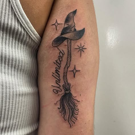 Witchy Wicked inspired one for Saskia recently. Thank you so much Saskia! 🖤🧙 . . . #halloweentattoo #witchytattoo #witchytattoos #wickedmusical Unlimited Tattoo Wicked, Wicked Inspired Tattoos, For Good Tattoo Wicked, Wicked Tattoo Designs, Elphaba Tattoo, Wicked Tattoos Musical, Wicked Musical Tattoo, Wicked Tattoo Ideas, Hocus Pocus Tattoo