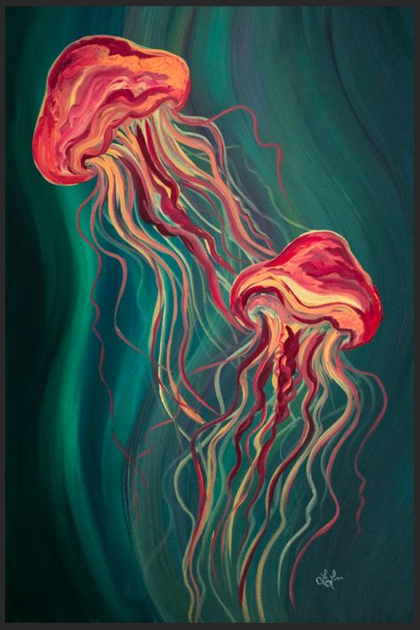 Jellyfish oil painting on canvas 2x3' Abstract Painting On Canvas Acrylics, Transformation Paintings Ideas, Trippy Jellyfish Painting, Orange Jellyfish Painting, Jellyfish Abstract Painting, Oil Pastel Animal Drawings, Abstract Painting Animals, Jellyfish Oil Painting, Intermediate Painting Ideas