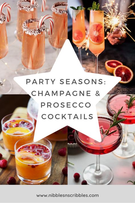 Party Seasons: Champagne and Prosecco Cocktails.   #Cocktails #Party #Drinks Holiday Drinks Prosecco, Festive Prosecco Cocktails, Champagne Drink Aesthetic, Fun Champagne Cocktails, Prosecco Drink Recipes, Prosecco Mixed Drinks, Holiday Drinks Champagne, Processco Cocktails Christmas, Fun Champagne Drinks