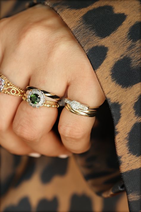 Hand full of vintage gold rings with diamonds, green tourmaline and enamel Vintage Gold Ring, Victorian Diamond Ring, Vintage Gold Rings, Vintage Inspired Jewelry, Vintage Diamond Rings, Disco Balls, Generation To Generation, Ring Stack, Gold Ring Stack