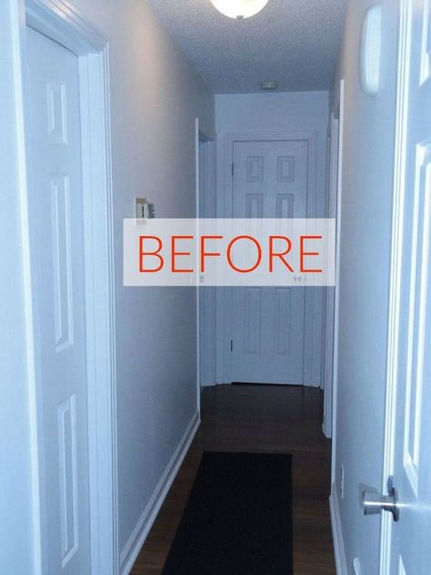 Make Your Dark Hallways Brighter With These 9 Clever Ideas.  Note the one with board and batten walls. Brighten Dark Hallway, Dark Hallway Ideas, Hallway Wall Colors, Decorating Hallways, Dark Hallways, Hallway Wall Decor Ideas, Long Narrow Hallway, Hallway Paint Colors, Hallway Paint