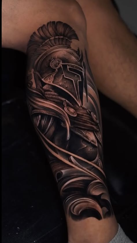 Ares Tattoo For Men, Spartan Warrior Tattoo Sleeve, Spartan Race Tattoo, Spartan Sleeve Tattoo, Raven Tattoo Men, Spartan Tattoo Design, Shoulder Tattoo Men Ideas, Outer Bicep Tattoos, Ares Tattoo