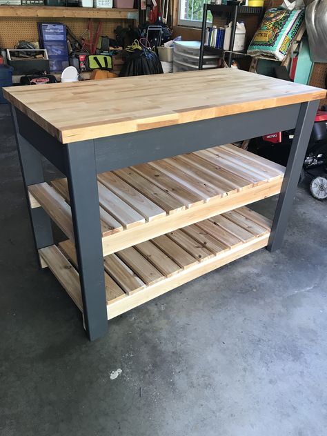 Butcher block kitchen island built by Jeff Shipp with Sherwin Williams satin paint in Iron Ore #butcherblockisland #SherwinWilliamsIronOre Rustic Kitchen Island Ideas, Kitchen Island Rustic, Butcher Block Kitchen Island, Portable Kitchen Island, Butcher Block Kitchen, Rustic Kitchen Island, Wood Kitchen Island, Kitchen Tables, Diy Kitchen Island