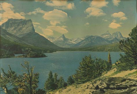 https://flic.kr/p/2n7Lfk7 | Blue Sky, Mountains and Lake Landscape | Vintage found landscape image. Beautiful aged paper, found. Coordinates Unknown Vintage Landscape Illustration, Landscape Illustration Horizontal, Old Landscape Photos, Retro Landscape Wallpaper, 50s Landscape, Vintage Mountain Aesthetic, Vintage Background Landscape, Vintage Landscape Photography, Vintage Edits