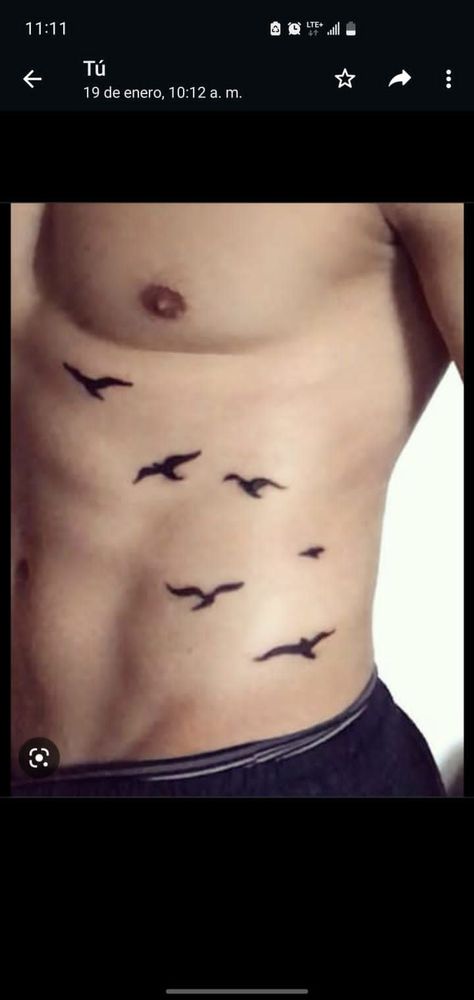 Birds Flying Tattoo Ribs, Side Body Tattoos Ribs Men, Birds On Ribs Tattoo, Ab Tattoo Men, Small Bird Tattoo Men, Waist Tattoos Men, Crow Tattoo For Men, Chest Tattoo Birds, Tattoos For Guys Shoulder