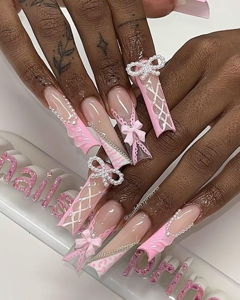 Pink Lace Nails, Long Nails Ideas, Patreon Ideas, Corset Nails, Pink Rose Gold Nails, Long French Nails, Really Long Nails, Scorpio Szn, Look Like A Model