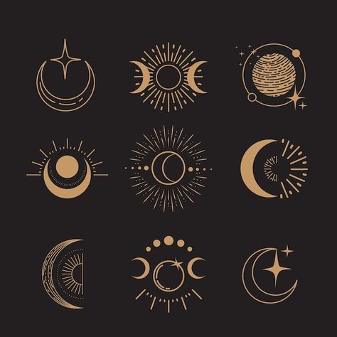 Vector celestial magic art mystical and ... | Premium Vector #Freepik #vector Simple Celestial Art, Celestial Symbols Art, Boho Symbols, Sun Line Art, Fantasy Tools, Witchcraft Design, Celestial Symbols, Celestial Motifs, Mystic Logo