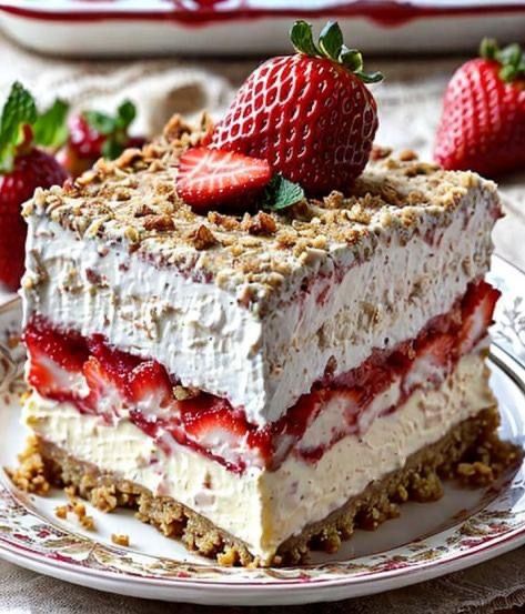 Easy No Bake Strawberry Cheesecake, Strawberry Cheesecake Lasagna, Cheesecake Lasagna, Strawberry Lasagna, Jello Treats, Bake Cheesecake Recipes, No Bake Cheesecake Recipes, No Bake Strawberry Cheesecake, Fluffy Cheesecake