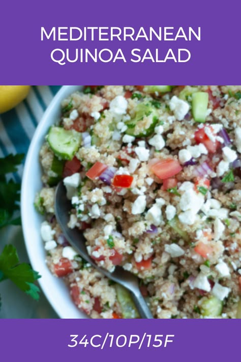 Macro Friendly Quinoa Recipes, Macro Friendly Mediterranean, Macro Friendly Salads, Macros Recipes, Carb Cycling Meal Plan, Macro Friendly Meals, Mediterranean Quinoa, Chopped Veggies, Macro Counting