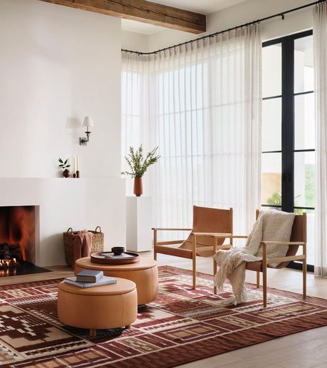 The Citizenry’s Instagram photo: “Channeling all the warm vibes with a palette of bold sienna, rust and tans.” Large Leather Ottoman, Spanish Style Houses, Leather Poof, High Rise Living, Big Bedroom, Artsy Home, Leather Ottomans, Fireplace Room, Leather Storage Ottoman