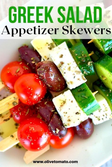 Greek Salad Skewers | Olive Tomato Salad Kabobs, Appetizer Skewers, Olive Tomato, Salad Skewers, Greek Appetizers, Skewer Appetizers, Veggie Skewers, Kabob Recipes, Charcuterie Inspiration