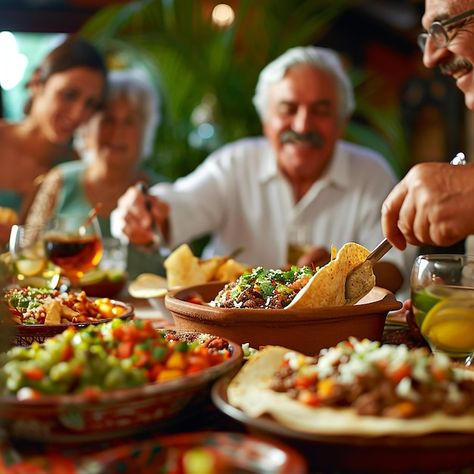 Group of senior people having a meal together with mexican food Table Of Food Photography, People Sharing Food Photography, People With Food Photography, People Eating Food Photography, People Eating Photography, People Enjoying Food, Mexican Food Photography, Parents Pictures, December Photoshoot