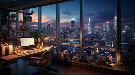 A Cozy Home Office With A Window Overlooking The Bustling City Skyline#pikbest##Photo City View Office, Dubai Office Interior Design, Boardroom Aesthetic, Nyc Office Aesthetic, Toronto Condo Aesthetic, At Home Office Aesthetic, New York Office Aesthetic, Desk Inspo Bedroom, Office Space Aesthetic