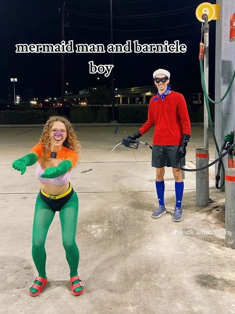 mermaidman and barnacle boy Apple Jacks Cereal Cinnamon Stick Guy, Cool Halloween Couple Costumes, Fun Couple Costumes Halloween Ideas, Perry The Platypus Costume Couple, Creative Couples Costumes 2023, Funny Adult Halloween Costumes Couples, Couple Cartoon Costumes, Duo Halloween Costumes Couple Funny, Holloween Costume Ideas Couple Creative