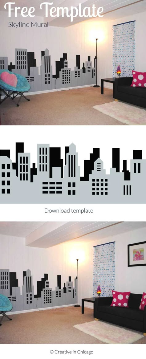 Download the design to create this fun skyline mural perfect for a teenage hangout room. #skyline #template #printable #teenagedecor #interiordesign #mural #skylinemural Art Room Mural Ideas, Teenage Hangout Room, Teenage Hangout, Batman Card, Cityscape Mural, Super Hero Room, Diy Room Ideas, Skyline Mural, Avengers Room