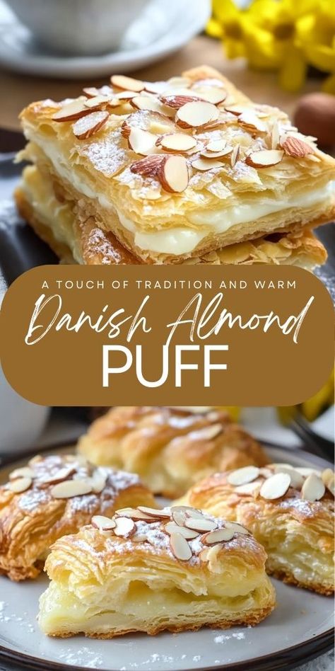 Danish Almond Puff Ingredients: 1 cup all-purpose flour 1/2 cup butter, softened 2 tablespoons water 1 cup water 1/2 cup butter 1 teaspoon almond extract 1 cup all-purpose flour 3 eggs 1/2 cup sliced almonds 1 cup confectioners’ sugar 1 tablespoon milk 1 teaspoon almond extract #Danish #Almond #Puff Swedish Almond Pastry, Almond Paste Desserts Puff Pastries, Almond Flour Puff Pastry Recipe, Almond Pastry Puff, Almond Puff Pastry Danish, Sweet Almond Pastry, Almond Paste Puff Pastry Recipes, Almond Breakfast Pastry, Almond Paste Puff Pastry