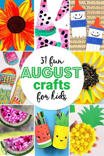 The end of summer might be getting closer, but there is still time to enjoy some fun summer crafts for kids, as well as start thinking about back to school with these awesome August crafts. These august craft ideas are perfect for toddler, preschool, pre-k, kindergarten, first grade, 2nd grade, and 3rd graders too. Whether you pick a sunflower crafts, watermelon crafts, cute back to school craft, or on of the other super cute crafts for august - you will find a simple, creative august crafts ... August Kids Crafts, August Crafts For Kids, 2nd Grade Crafts, First Grade Crafts, August Themes, August Crafts, Watermelon Crafts, Fun Summer Crafts, Sunflower Crafts