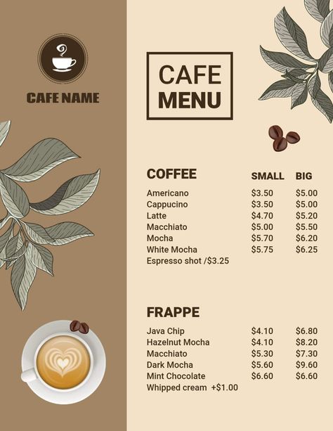 Cafe Leaflet Design, Caffee Restaurant Design Plan, Menu Cafe Aesthetic, Coffee Menu Design Ideas Layout, Cafe Menu Design Ideas, Coffee Shop Menu Design, Menu Design Ideas Templates, Menu Design Ideas, Coffee Menu Design