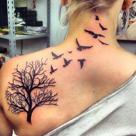 A nice tattoo idea with birds flying from a tree. It can symbolize freedom. Color: Black. Tags: Easy, Meaningful Freedom Symbol Tattoo, Tree With Birds Tattoo, Rabe Tattoo, Tree Tattoo Back, Tattoo Son, Bird Tattoos For Women, Willow Tree Tattoos, Freedom Tattoos, Black Bird Tattoo