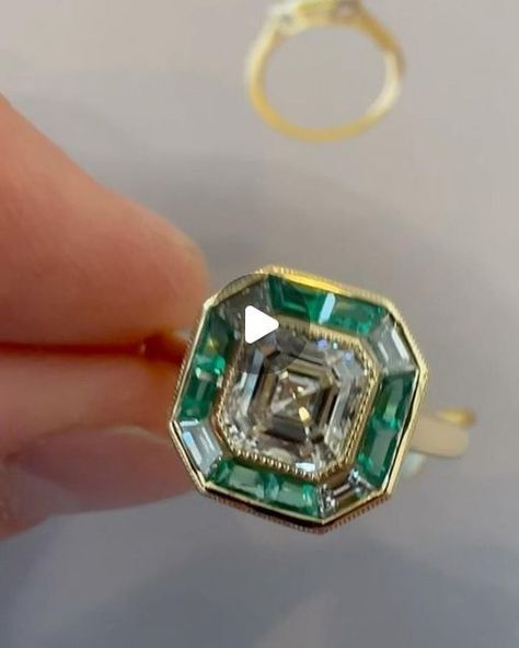 Delaval Knight on Instagram: "An Asscher Cut Diamond Ring like no other! Set with an Art Deco inspired Emerald and Diamond Baguette Cut Halo, a subtle milgraine edge & finished in Yellow Gold - this Bespoke Design has it all and has been a privilege for the @delavalknight team to work on. Congratulations to the happy couple! 🥂💍 🤍" Emerald Asscher Cut Halo Setting Jewelry, Asscher Cut Emerald Jewelry With Halo Setting, Art Deco Asscher Cut Formal Ring, Asscher Cut Emerald Diamond Ring, Fine Jewelry, Art Deco Asscher-cut Wedding Ring With Center Stone, Asscher Ring, Baguette Cut Ring, Asscher Cut Diamond Ring, Diamond Baguette