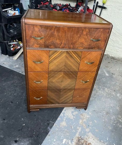 Cintage Dresser, Antique Dresser In Closet, Waterfall Dresser Redo, Antique Vanity Dresser Makeover, Refurbished Waterfall Dresser, Waterfall Chest Of Drawers Makeover, Art Deco Dressers, Redo Chest Of Drawers, Waterfall Dresser Makeover Before After