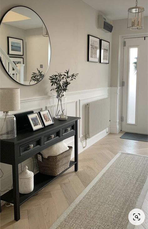 Hallway Panelling With Mirror, Hallway Ideas Large, Best Colour For Walls, New Build Entrance Hall Ideas, Entryway Ideas Paneling, Panelling In The Hallway, Home Interior Design Hallway, Hallway Ideas Flat, Passage Panelling Design