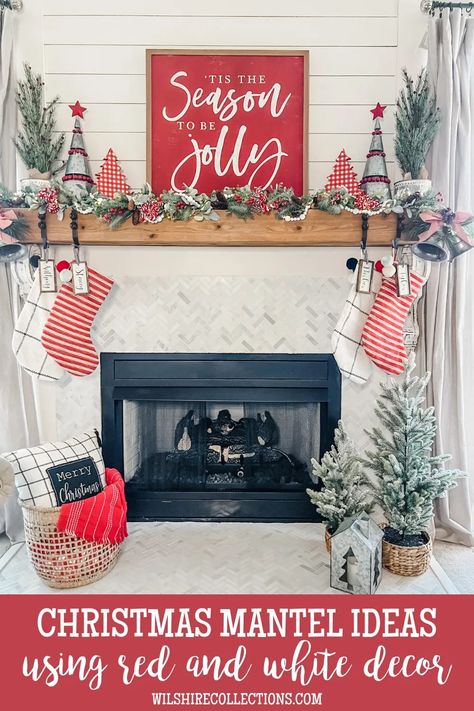 These cheerful Christmas mantel ideas using red and white will add a fun and festive feel to your home this year! Try out some of these mantle decoration tips and tricks to help decorate your own Christmas mantle this year. Mantels Ideas Fireplace, Mantle Decorating Ideas Christmas, Christmas Mantle Decor Fireplaces, Christmas Mantel Ideas, Wilshire Collections, Christmas Fireplace Mantels, Christmas Mantel Decor, Mantel Decor Ideas, Christmas Stocking Hangers