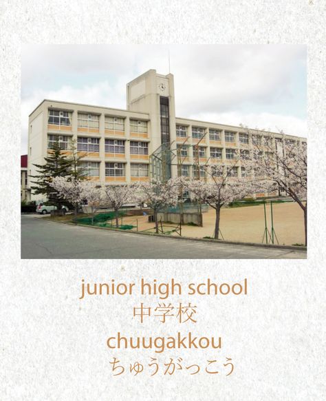 middle school = chuugakkou Middle School Building, Japanese Middle School, Japanese School Life, Japanese Vocabulary, Dream School, Japanese School, School Building, School Inspiration, Junior High School