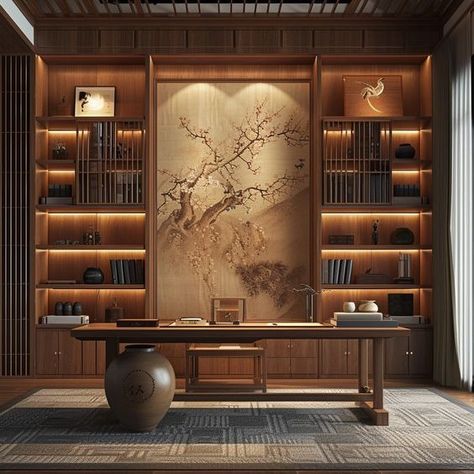 Chinese Office Design, Zen Study Room, Home Office Background Ideas, Chinese Study Room, Backgrounds Iphone Fall, Wallpaper Iphone Autumn, Executive Office Design Interior, Minimalist Wallpaper Iphone, Japandi Home Office