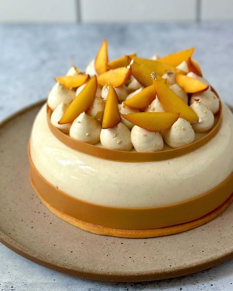 (Recipe) Tahini, Peach & Citrus Entremets. Composition: > Tahini whipped ganache, recipe below > Peach & lemon confit, recipe below >… | Instagram Lemon Confit Recipe, Gelatin Sheets, Whipped Ganache, Whipped Honey, Peach Puree, Ganache Recipe, Curd Recipe, Peach Fruit, Peach Slices