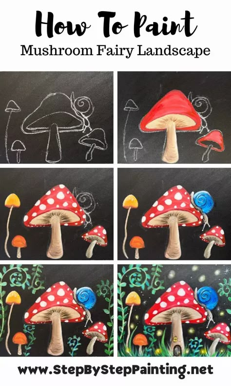 Cute Paint Night Ideas, Mushroom Fairy Garden Drawing, Paint And Sip Mushroom, Step By Step Mushroom Painting, Textured Mushroom Painting, Painting A Mushroom, Mushroom Forest Painting Easy, Mushroom Acrylic Painting Easy, Mushroom Door Painting