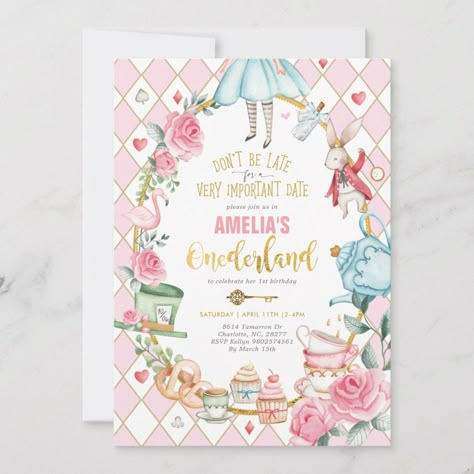 Alice in Wonderland 1st Birthday Onederland Party Invitation | Zazzle Party Ideas For Birthday, Bridal Brunch Ideas, Alice In Wonderland Invitations, Invitations For Birthday, Alice In Onederland, Wonderland Invitation, Afternoon Tea Ideas, Baby Girl Shower Invitations