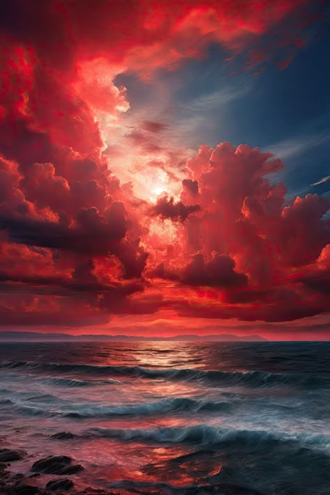 Crimson Clouds Sky Red Aesthetic, Red Clouds Painting, Red Clouds Aesthetic, Red Clouds Wallpaper, Red Sky Aesthetic, Red Skies Aesthetic, Red Sky Painting, Epic Landscape, Red Landscape