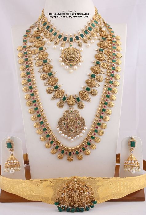 Ram parivar Bridal set with Detachalbe locket cum Vadyanam. Visit us for wide range in different weight n price range. We make in customized orders also with fastest delivery time. Most competitive pricing. Connect instant video call no 990 990 3063 or 8179 684 334 from 11 am to 8 pm anytime Ram Parivar Locket Designs, Ram Parivar Necklace Designs, Bridal Haaram, Ram Parivar Haram Designs, Long Haram Gold, Lakshmi Haram, Ruby Necklace Designs, Vaddanam Designs, Temple Jewellery Earrings