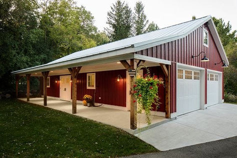 5 Awesome Pole Barn Porch Ideas To Boost Curb Appeal Detached Garage Shop Ideas, Living In A Garage While Building, Ranch Style House With Detached Garage, Metal Building Shed Ideas, Garages Ideas Exterior, Pole Barn Lights Exterior, Rv Metal Building, Pole Shed Garage, Metal Garage With Carport