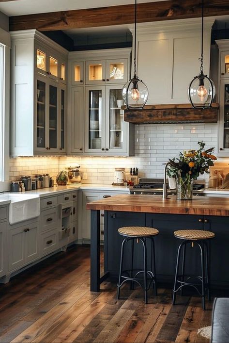 Modern Farmhouse Aesthetic Interior, Simplistic Kitchen Design, Kitchen Remodel No Window, Rural Interior Design, Cozy Open Concept Kitchen Living Room, Pnw Kitchen, Country Homes Farmhouse, Kitchens With Color, Grey And White Kitchens