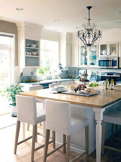 Beadboard backsplash and open cabinetry. Shape is Correct for your Kitchen Island? Island Tables, Kitchen Island Table, Casa Country, Kitchen Island With Seating, Gather Round, Bright Kitchens, Island With Seating, Dream Kitchens, Trendy Kitchen